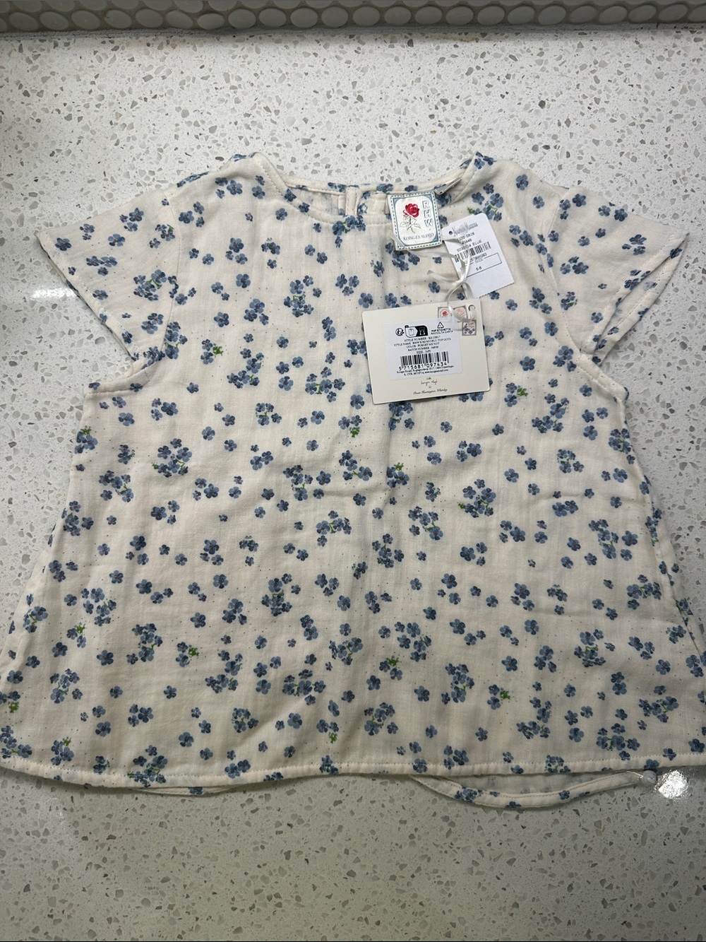 RHW Konges Slojd Floral Short-Sleeve Top - Cream with Blue Flowers NWT